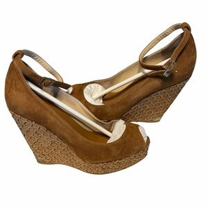 Jimmy Choo Tan Suede Peep-Toe Wedge Sandals with Ankle Strap